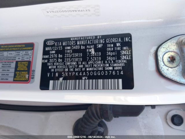 5XYPK4A50GG037614 KIA Sorento 3.3l Sx