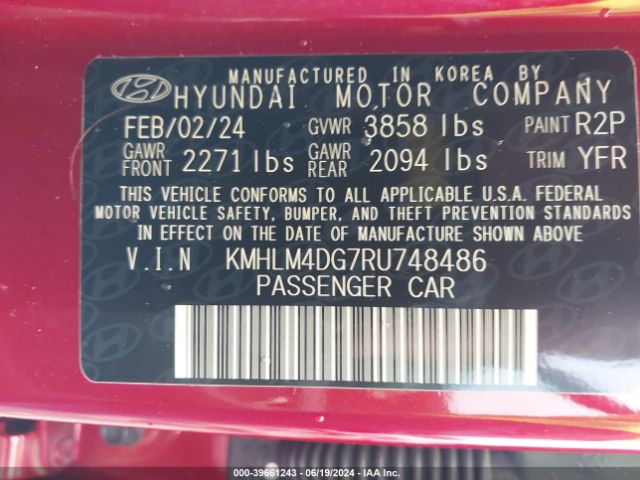 KMHLM4DG7RU748486 Hyundai ELANTRA SEL