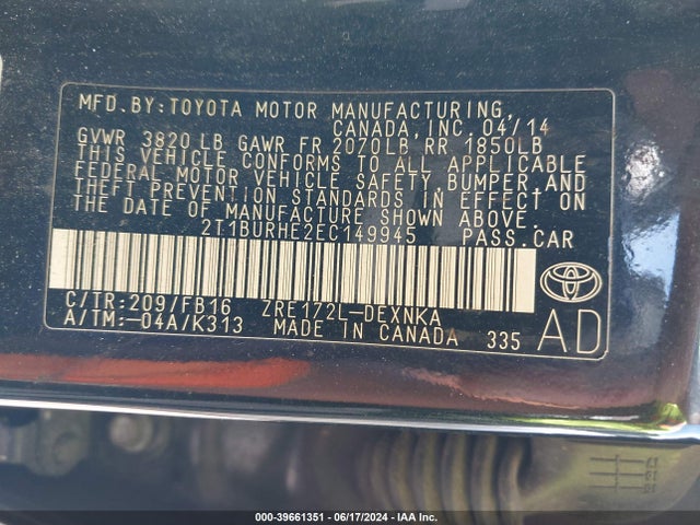 Toyota COROLLA LE 2014 2T1BURHE2EC149945 Image 9
