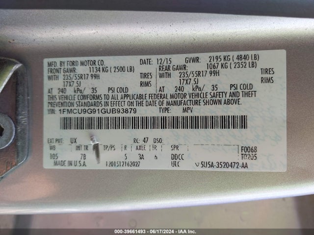 Ford ESCAPE SE 2016 1FMCU9G91GUB93879 Image 9