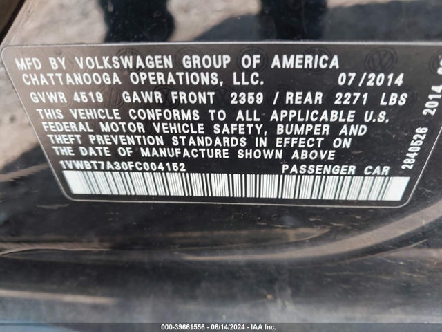 Volkswagen Passat 1.8t Se 2015 1VWBT7A30FC004152 Image 9