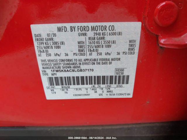 1FM5K8AC8LGB37170 Ford Police Interceptor Utility