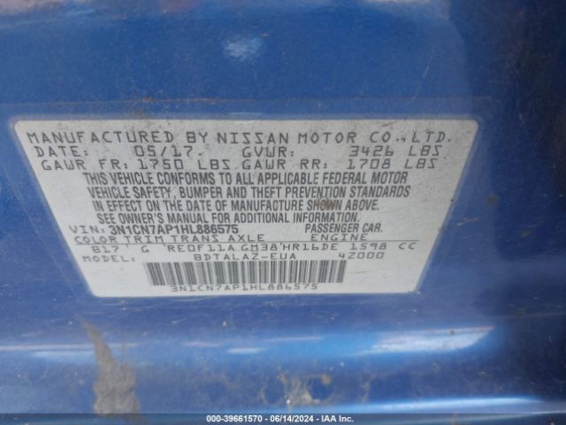 3N1CN7AP1HL886575 Nissan Versa 1.6 S+
