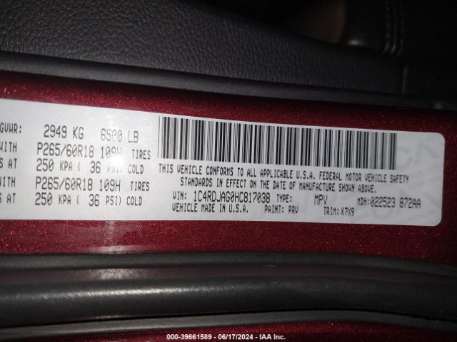 1C4RDJAG0HC817038 Dodge Durango Sxt Awd