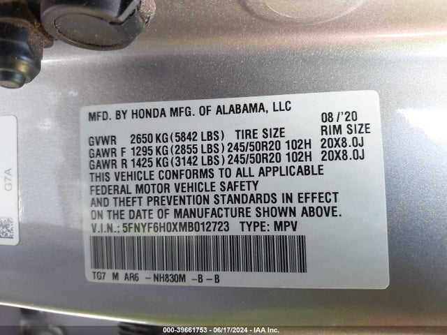 Honda Pilot Awd Elite 2021 5FNYF6H0XMB012723 Image 9