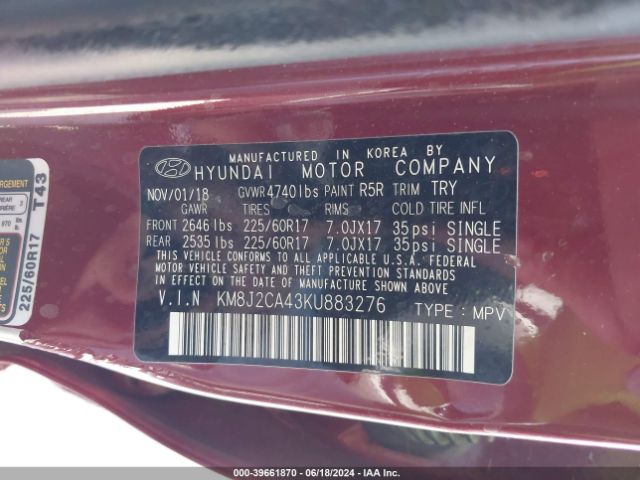 KM8J2CA43KU883276 Hyundai TUCSON SE