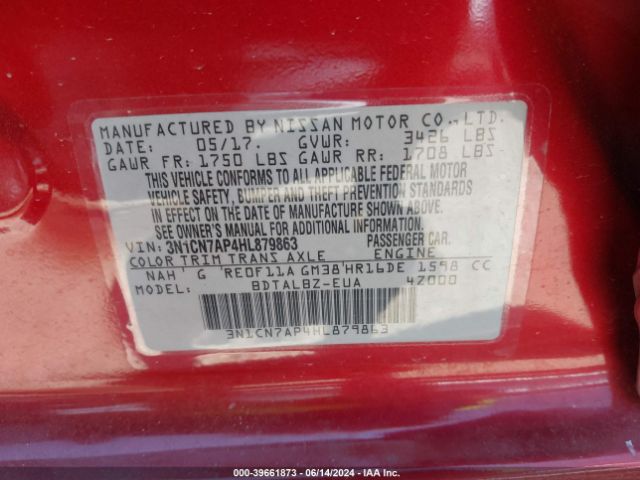 3N1CN7AP4HL879863 Nissan Versa 1.6 Sv