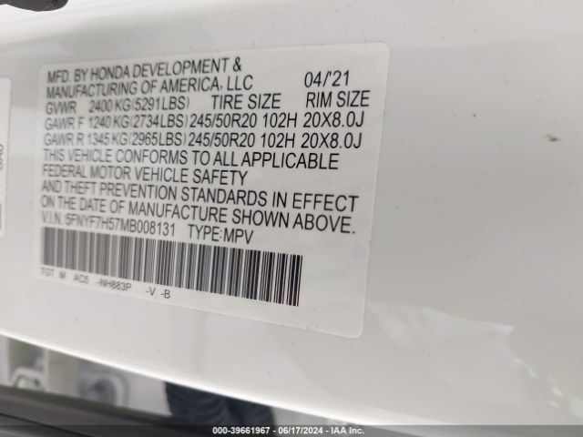 5FNYF7H57MB008131 Honda Passport 2wd Ex-l