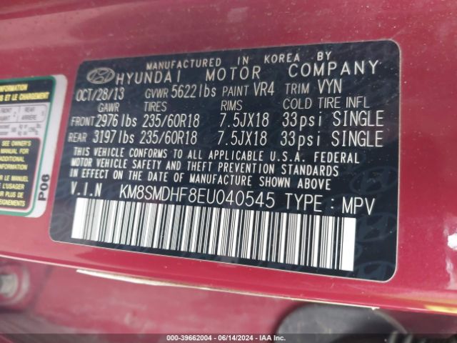 KM8SMDHF8EU040545 Hyundai Santa Fe Gls