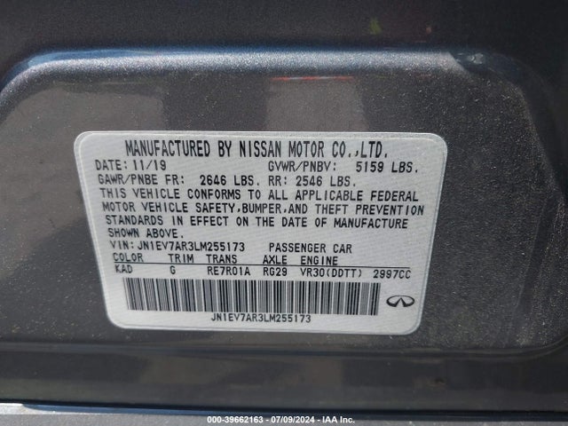 39662163 :رقم المزاد ، JN1EV7AR3LM255173 vin ، 2020 Infiniti Q50 Luxe Awd مزاد بيع