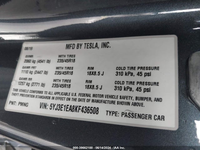 Tesla Model 3 Long Range/mid Range/standard Range/standard Range Plus 2019 5YJ3E1EA8KF436508 Image 9