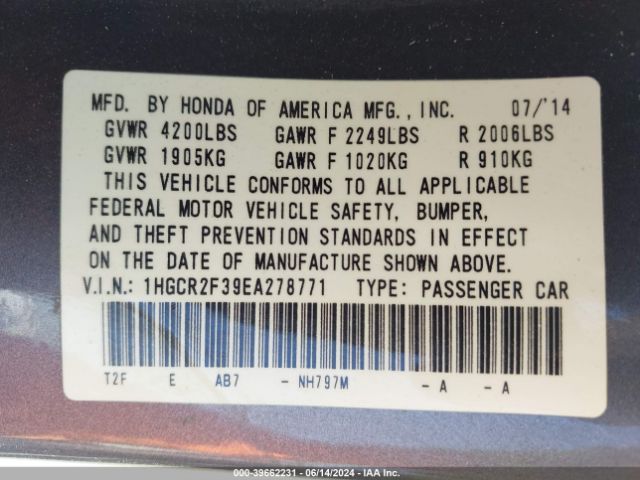 1HGCR2F39EA278771 Honda ACCORD LX