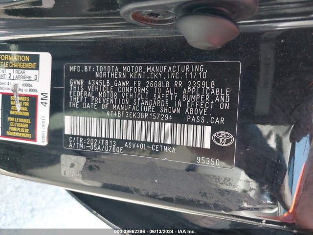 Aukcja sprzedaży 2011 Toyota Camry Le, vin: 4T4BF3EK3BR157294, numer aukcji: 39662386