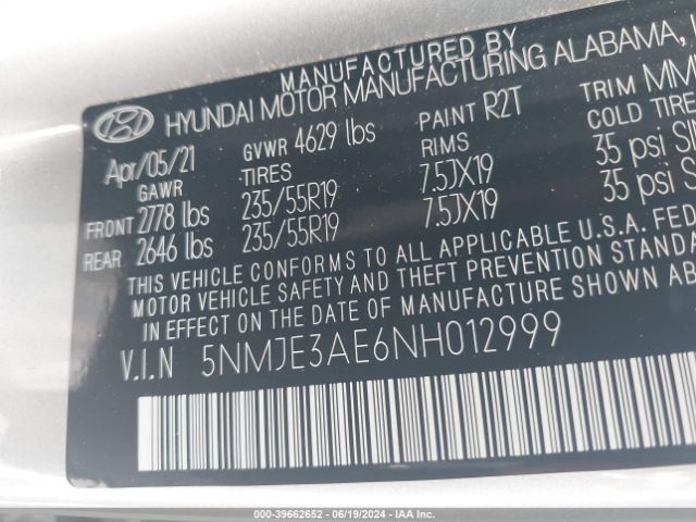 5NMJE3AE6NH012999 Hyundai Tucson Limited