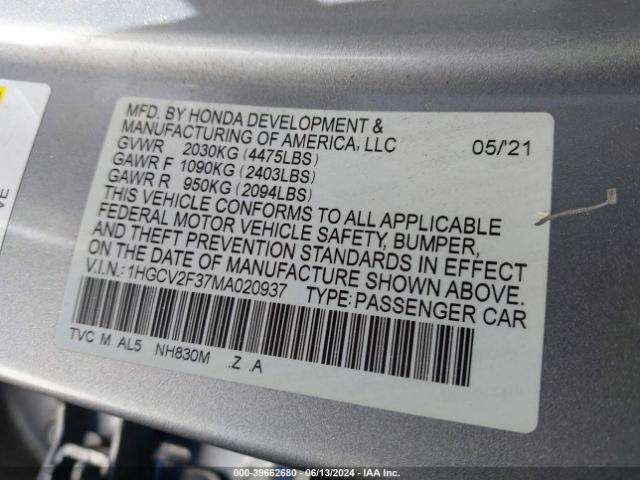 1HGCV2F37MA020937 Honda Accord Sport 2.0t