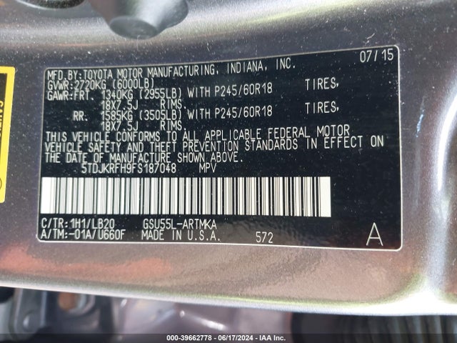Toyota Highlander Xle V6 2015 5TDJKRFH9FS187048 Image 9