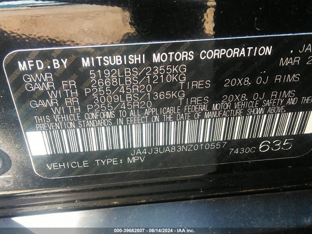 JA4J3UA83NZ010557 Mitsubishi Outlander Black Edition 2wd/se 2.5 2wd/se Launch Edition 2wd