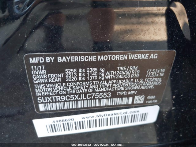 BMW X3 Xdrive30i 2018 5UXTR9C5XJLC75553 Image 9