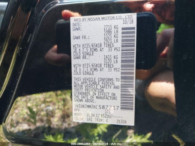 5N1DR2MM2KC587217 Nissan Pathfinder Sv