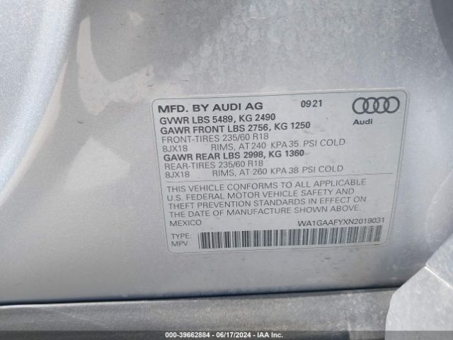 WA1GAAFYXN2019031 Audi Q5 Premium 45 Tfsi S Line Quattro S Tronic