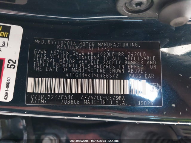 Toyota CAMRY SE 2021 4T1G11AK1MU486572 Image 9