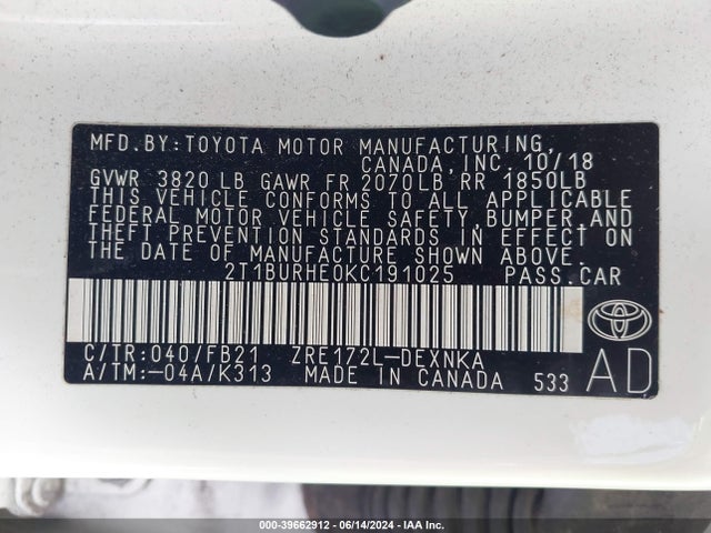 Toyota COROLLA LE 2019 2T1BURHE0KC191025 Image 9