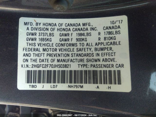2HGFC2F70JH503821 Honda CIVIC EX