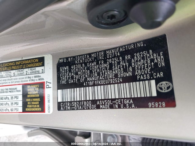 Toyota CAMRY XLE 2014 4T1BF1FK0EU792524 Image 9