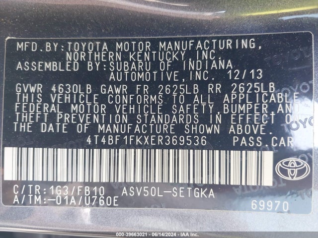 Toyota CAMRY XLE 2014 4T4BF1FKXER369536 Image 9