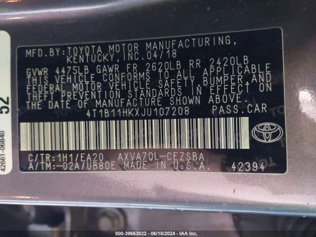 4T1B11HKXJU107208 Toyota CAMRY SE