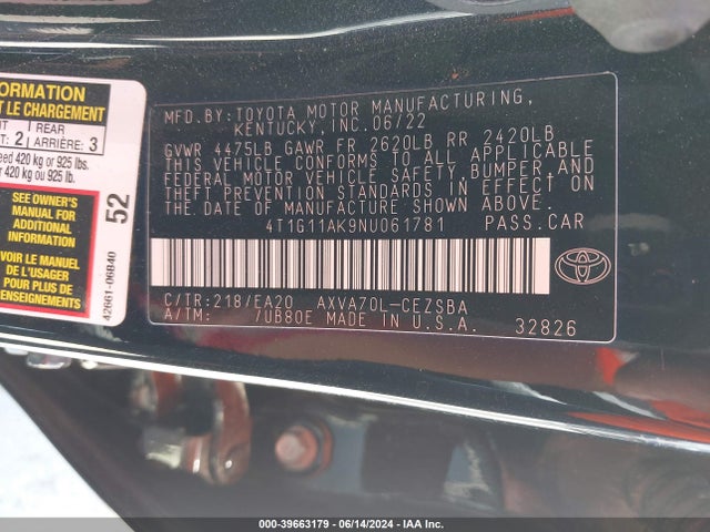 Toyota CAMRY SE 2022 4T1G11AK9NU061781 Image 9