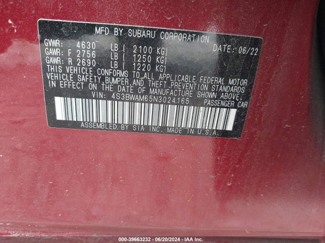 4S3BWAM65N3024165 Subaru Legacy Limited