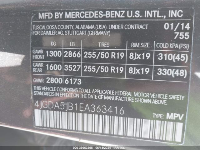 4JGDA5JB1EA363416 Mercedes-Benz ML 350