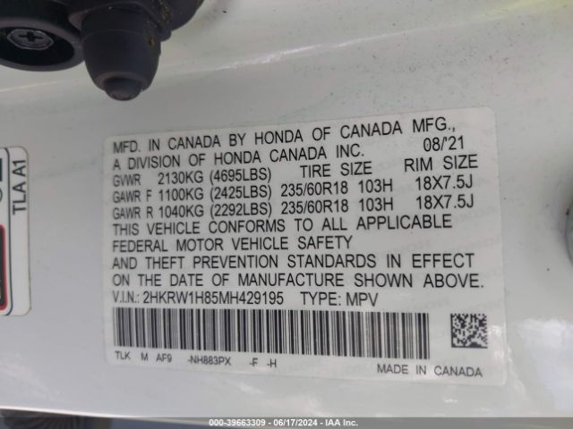 2HKRW1H85MH429195 Honda Cr-v 2wd Ex-l