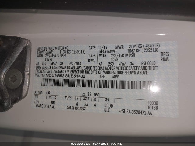 Ford ESCAPE SE 2016 1FMCU9G92GUB51432 Image 9