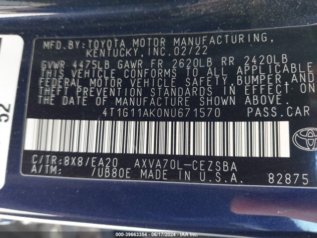 Toyota CAMRY SE 2022 4T1G11AK0NU671570 Image 9