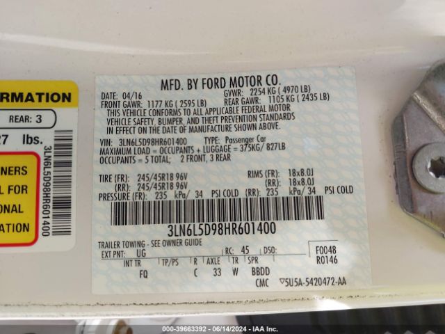 3LN6L5D98HR601400 Lincoln MKZ SELECT