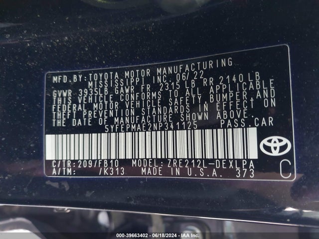 Toyota COROLLA LE 2022 5YFEPMAE2NP341125 Image 9