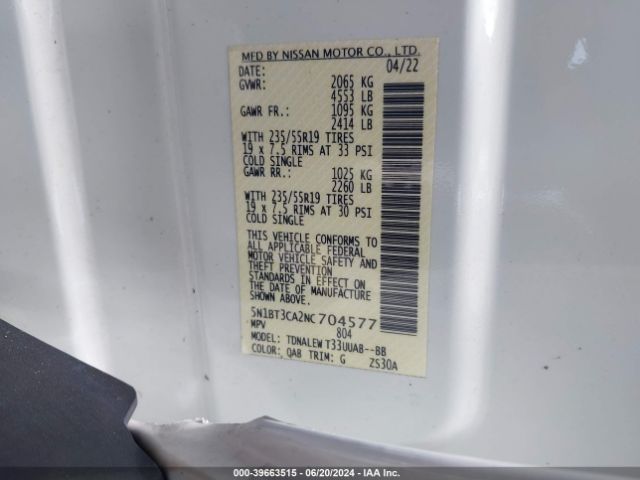 5N1BT3CA2NC704577 Nissan Rogue Sl Fwd