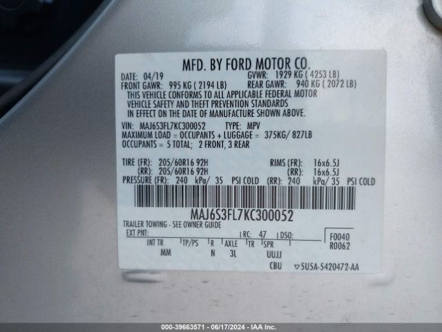 MAJ6S3FL7KC300052 Ford ECOSPORT S