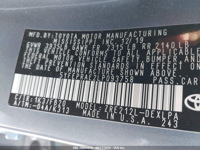 Toyota COROLLA LE 2020 5YFEPRAE2LP093758 Image 9