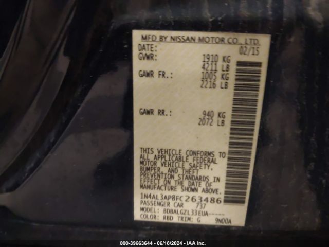 1N4AL3AP8FC263486 Nissan Altima 2.5/2.5 S/2.5 Sl/2.5 Sv