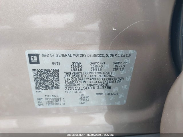 Chevrolet Trax Lt 2018 3GNCJLSB3JL349756 Image 9