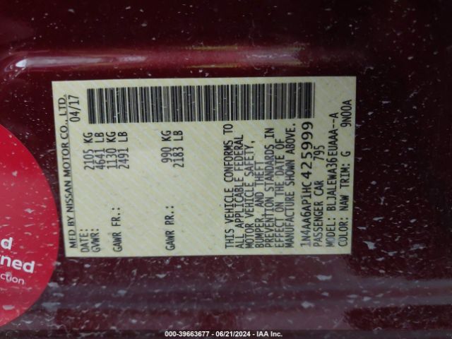 1N4AA6AP1HC425999 Nissan Maxima 3.5 Sl