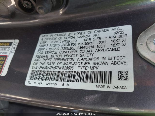 2HKRW2H57NH628696 Honda Cr-v Awd Ex