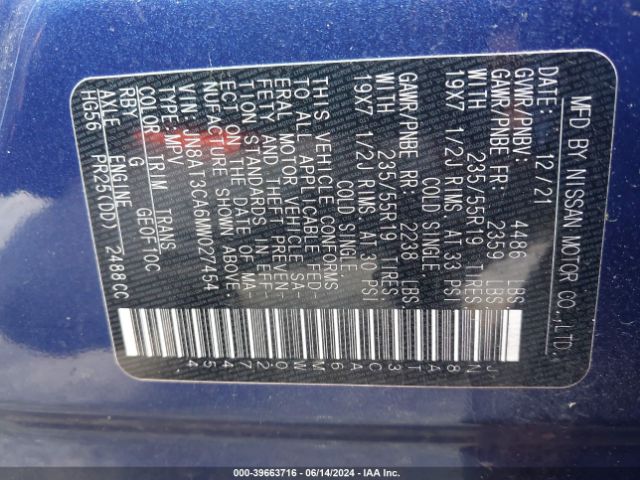 JN8AT3CA6MW027454 Nissan Rogue Sl Fwd