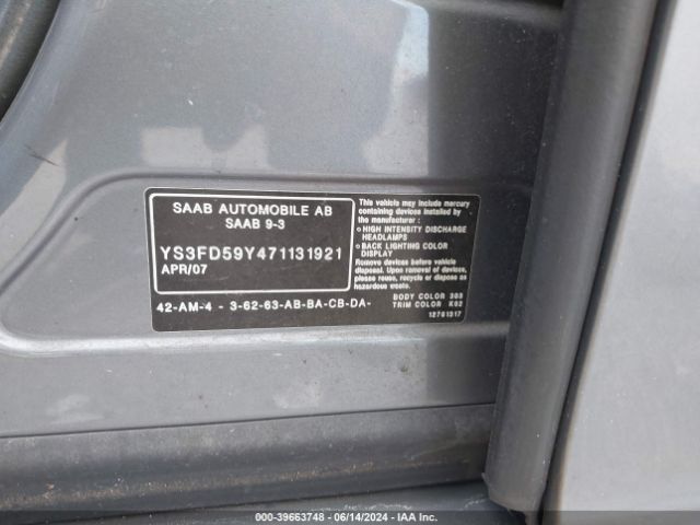 2007 SAAB 9-3 YS3FD59Y471131921 Photo 8