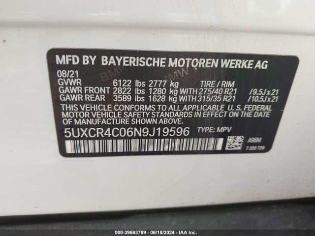 5UXCR4C06N9J19596 BMW X5 Sdrive40i