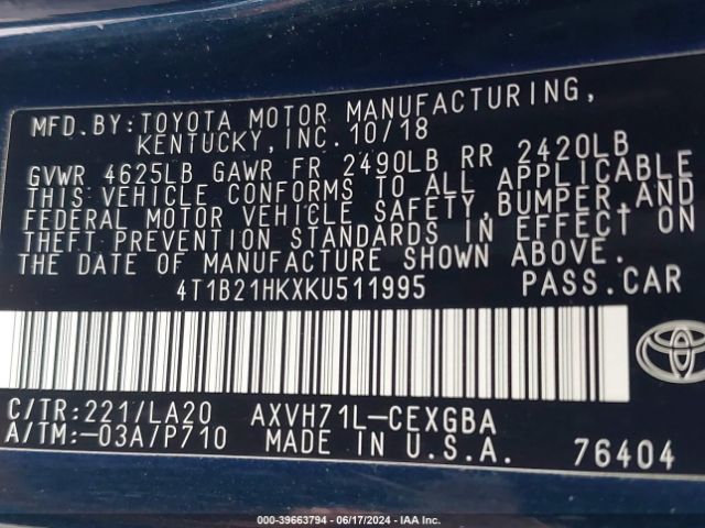 4T1B21HKXKU511995 Toyota Camry Hybrid Xle