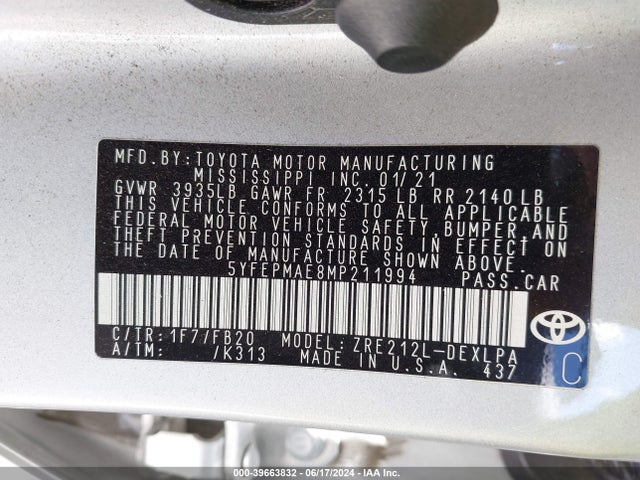 Toyota COROLLA LE 2021 5YFEPMAE8MP211994 Image 9